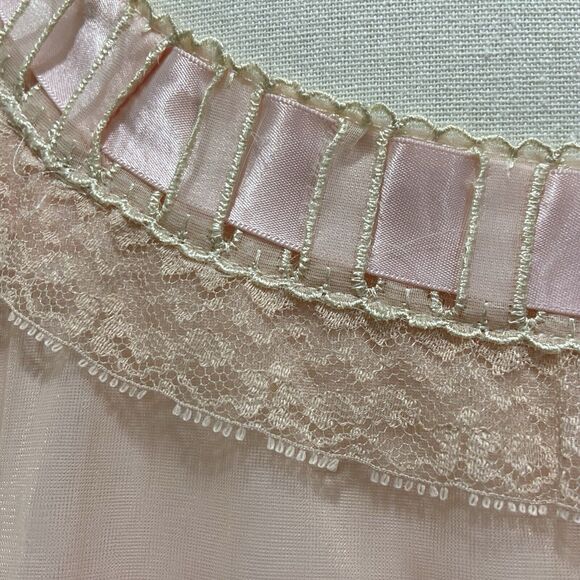 Vintage 60s Odette Barsa Pink Nylon Chiffon Lace & Ribbons Maxi Nightgown Size M - Picture 9 of 10